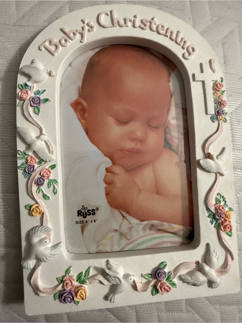 Russ White Christening Photo Frame with Pastel Floral Accents fits 4x6 picture